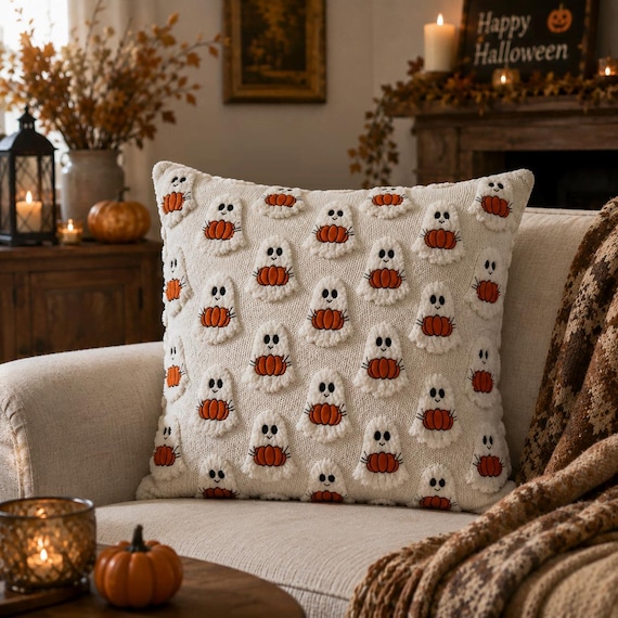 Halloween Pillow Cover, Ghost Pumpkin Skull Throw Pillow, Tufted Fall Cushion Cover, Spooky Couch Decor, Halloween Home Decor