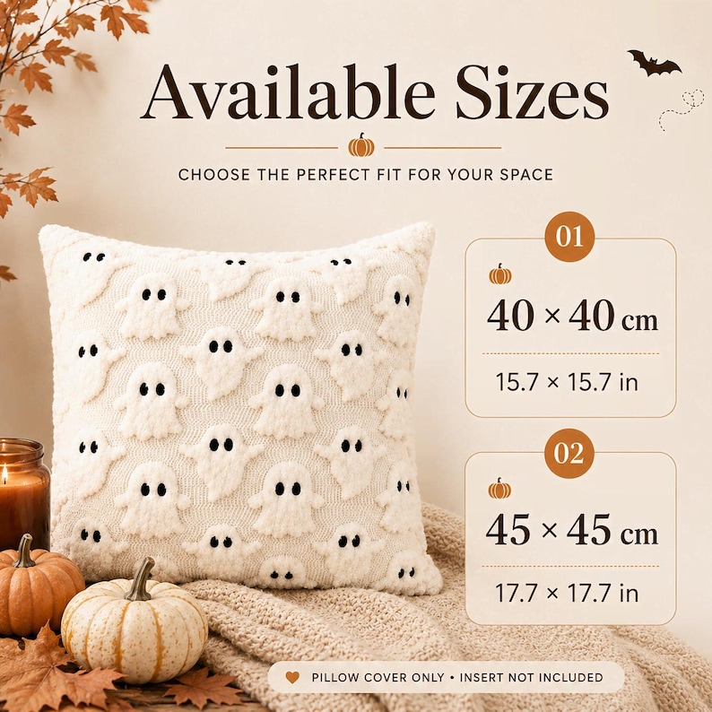 May include: A square cream-colored pillow cover featuring a repeating pattern of raised white ghost figures with black eyes. Text displays Available Sizes, 40 x 40 cm (15.7 x 15.7 in), 45 x 45 cm (17.7 x 17.7 in), and Pillow Cover Only - Insert Not Included.