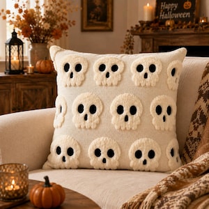 May include: A square throw pillow featuring a cream-colored knit base with a repeating pattern of raised, tufted white skull motifs. Each skull has two large, dark, circular eye sockets and a smaller, dark, circular mouth opening.