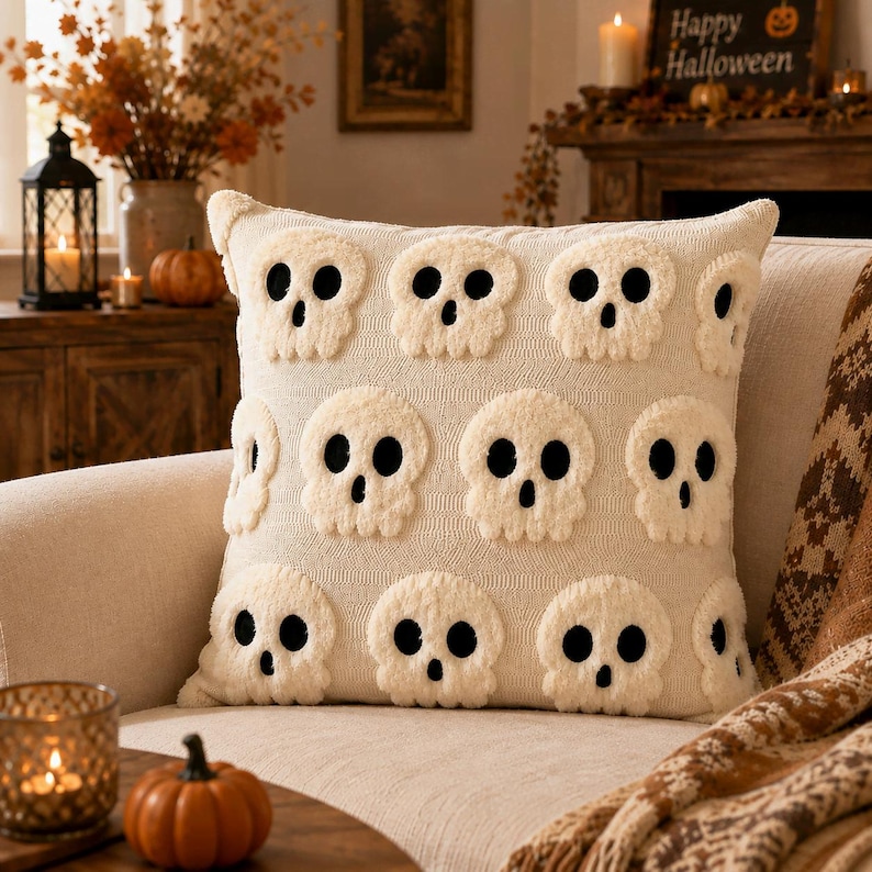 May include: A square throw pillow featuring a cream-colored knit base with a repeating pattern of raised, tufted white skull motifs. Each skull has two large, dark, circular eye sockets and a smaller, dark, circular mouth opening.
