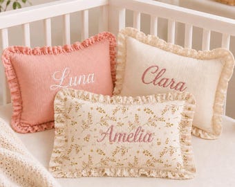 Personalized Embroidered Name Pillow, Ruffle Nursery Cushion, Toddler Room Decor