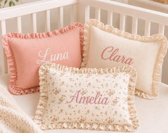 Personalized Embroidered Name Pillow, Ruffle Nursery Cushion, Toddler Room Decor