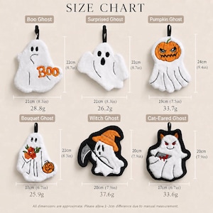 K&ouml;nnte beinhalten: Eine Gr&ouml;&szlig;entabelle mit sechs h&auml;ngenden Geister-Ornamenten, beschriftet als Boo Ghost, Surprised Ghost, Pumpkin Ghost, Bouquet Ghost, Witch Ghost und Cat-Eared Ghost. Jeder Artikel enth&auml;lt Ma&szlig;e in cm und Gewichtsangaben in Gramm zur Referenz.
