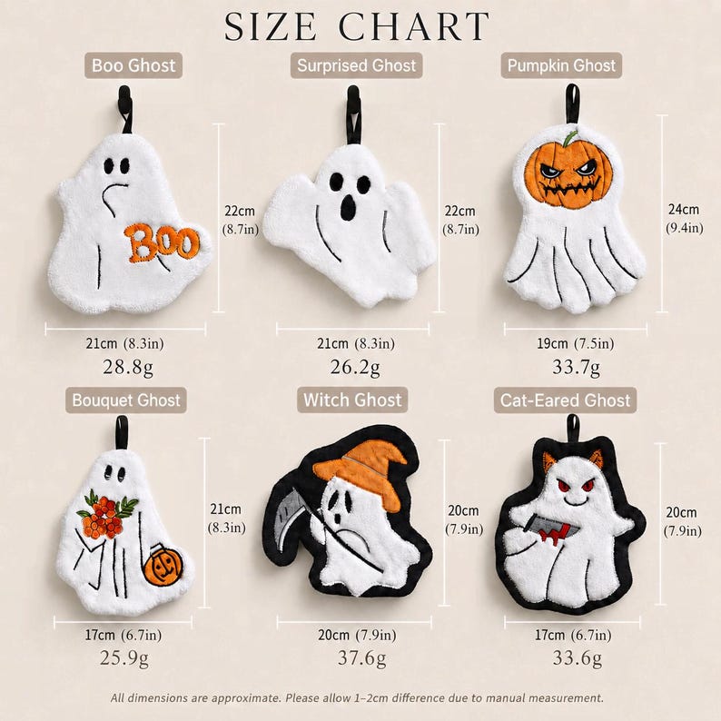 K&ouml;nnte beinhalten: Eine Gr&ouml;&szlig;entabelle mit sechs h&auml;ngenden Geister-Ornamenten, beschriftet als Boo Ghost, Surprised Ghost, Pumpkin Ghost, Bouquet Ghost, Witch Ghost und Cat-Eared Ghost. Jeder Artikel enth&auml;lt Ma&szlig;e in cm und Gewichtsangaben in Gramm zur Referenz.