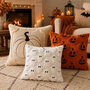 May include: Three square throw pillows featuring seasonal designs. One cream pillow displays a large embroidered pumpkin, one white pillow features a repeating pattern of small ghosts, and one orange pillow shows a repeating jack-o'-lantern pattern.