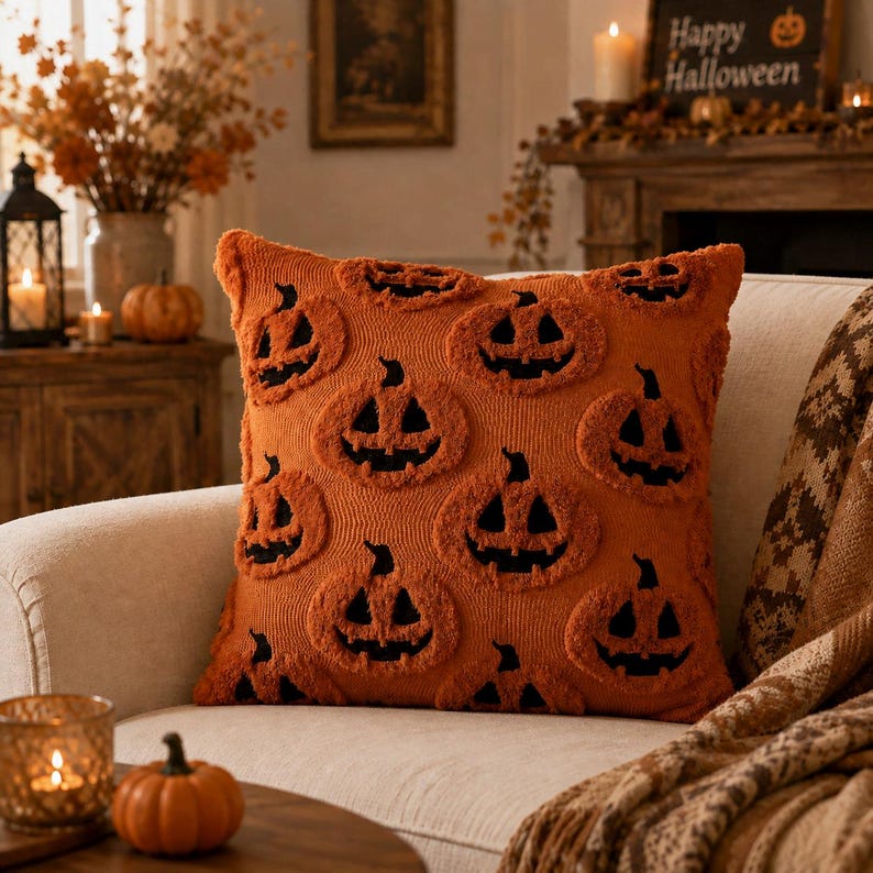 May include: A square throw pillow featuring a textured orange fabric with a repeating pattern of black jack-o'-lantern faces. The design consists of tufted pumpkin shapes with carved eyes, noses, and jagged mouths set against a solid orange background.