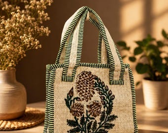 Handmade Jute Tote Bag, Floral Embroidered Woven Shoulder Bag, Boho Summer Bag, Gift for Her