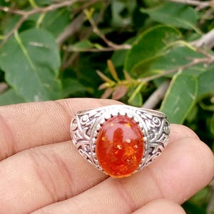 Oval Orange Amber Gemstone Ring 925 Sterling Silver Jewelry , Boho Men's Rings