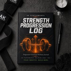 May include: A black Strength Progression Log workout journal with a barbell graphic, accompanied by black wrist wraps, a black pen labelled AK Performance, and a small container of white powder. The cover text reads AK PERFORMANCE, STRENGTH PROGRESSION LOG, Progressive Overload Workout Journal, AK PERFORMANCE TRAINING LOGS VOL 1, and TRAIN SMARTER. BUILD MORE.