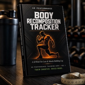 Könnte beinhalten: Ein schwarzes Buch mit dem Titel AK PERFORMANCE BODY RECOMPOSITION TRACKER und einer leuchtend orangen Illustration einer Person in Ausfallschritt-Position. Der Einband enthält den Text A 12-Week Fat Loss & Muscle Building Log und TRAIN SMARTER. BUILD MORE.