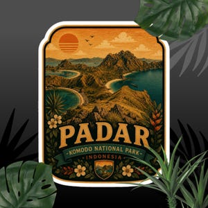 May include: A rectangular sticker featuring a landscape illustration of Padar Island in Komodo National Park, Indonesia. The design shows rugged hills, turquoise bays, and a sunset sky. The text reads PADAR KOMODO NATIONAL PARK INDONESIA.