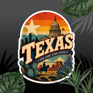 Può includere: Un adesivo fustellato con un'illustrazione in stile retrò del Texas. Il design include il campidoglio dello stato, una grande stella bianca, un cowboy a cavallo, cactus e lupini, con il testo TEXAS e THE LONE STAR STATE.
