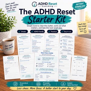 May include: The ADHD Reset Starter Kit includes a collection of printable planning documents with blue text on white paper. The pages feature checklists, daily planners, and guides titled Start Here Guide, Morning Activation Checklist, and Weekly Reset Planner.