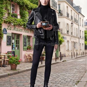 Chaqueta de piel negra con relieve de pitón para mujer / Chaqueta de motociclista de piel auténtica / Chaqueta de moto de lujo / Regalo para ella