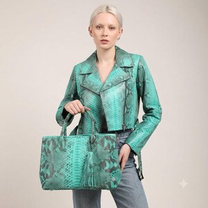 Turquoise Snakeskin Leather Jacket & Matching Tote Bag Set, Women's Cropped Moto Jacket, Python Print Handbag, Luxury Fashion Gift