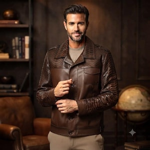 Men's Brown Leather Jacket, Luxury Python Texture Leather Coat, Vintage Button Front Jacket, Premium Casual Winter Outerwear Gift for Him