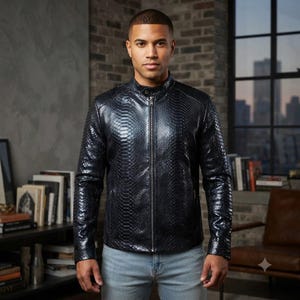 Peut inclure: Une veste bleu marine foncé avec un motif texturé en peau de serpent, une fermeture éclair argentée sur toute la longueur et un col officier. Le vêtement est associé à un jean bleu clair, offrant un fini distinctif en écailles de reptile.