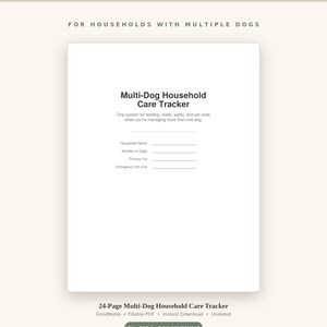 以下が含まれることがあります： Multi-Dog Household Care Trackerというタイトルの白いデジタル文書。世帯名、犬の数、かかりつけの獣医、緊急連絡先の記入欄があります。テキストにはFor households with multiple dogsおよび24-Page Multi-Dog Household Care Trackerと記載されています。