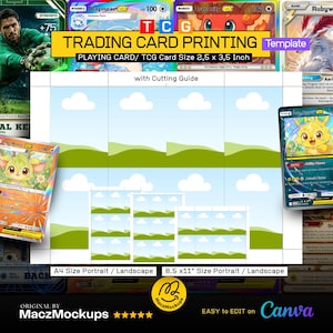 May include: A digital trading card printing template featuring a white grid with cutting guides for 2.5 x 3.5 inch cards. The layout includes multiple card placeholders with cloud and grass graphics, labeled for A4 and 8.5 x 11 inch paper sizes.