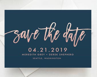 Handwritten Save the Date Template, Rose Gold Text, Navy & Pink, Save the Date Digital File, Save the Date Template, Instant Download, SAV1