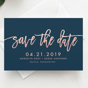 Handwritten Save the Date Template, Rose Gold Text, Navy & Pink, Save the Date Digital File, Save the Date Template, Instant Download, SAV1