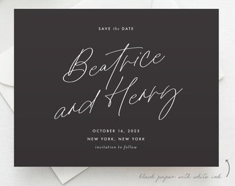 White ink Save the Date Card, Black and White save the date, Printed Save the Date, Navy Save the Date, Navy and White, Minimalist