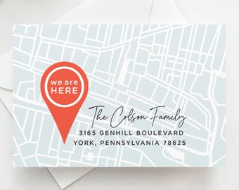 May include: A light blue map with a red pin that says "we are HERE" and the text "The Colson Family 3165 Genhill Boulevard York, Pennsylvania 78625".