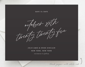 Minimalist White Ink Save the Date Card, Black & White save the date, Printed Save the Date, Navy Save the Date, Navy Paper White Ink