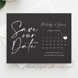 Marker Calendar Save the Date Black Card with White Ink, Printed White Ink Save the Date, Navy Save the Date, Navy and White, Minimalist