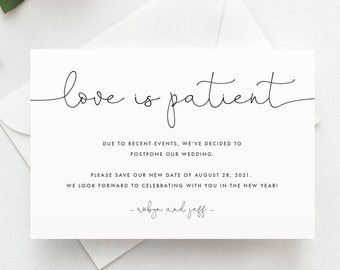 Printed Love is Patient Card, Change the Date, Minimal Change of Plans, Postponed Date Announcement, Wedding Postponement, Canceled Event