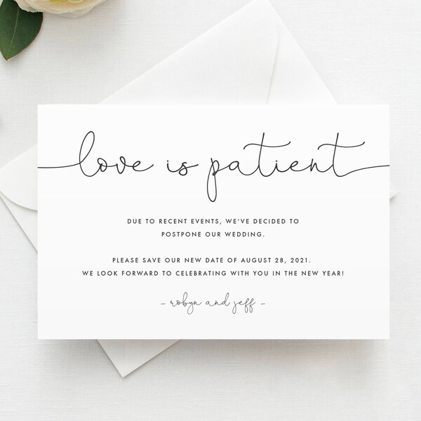 Printed Love is Patient Card, Change the Date, Minimal Change of Plans, Postponed Date Announcement, Wedding Postponement, Canceled Event