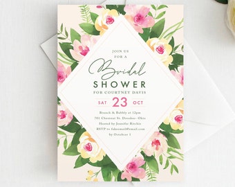 Printed Bridal Shower Invitation, Floral Shower Invitation, Watercolor Flower Bridal Shower, Bridal Shower Invite, Floral Invitation