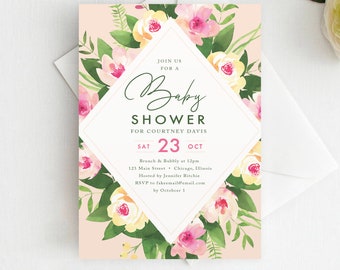 Floral Baby Shower Invitation Template: Girl Invite (Instant Download)