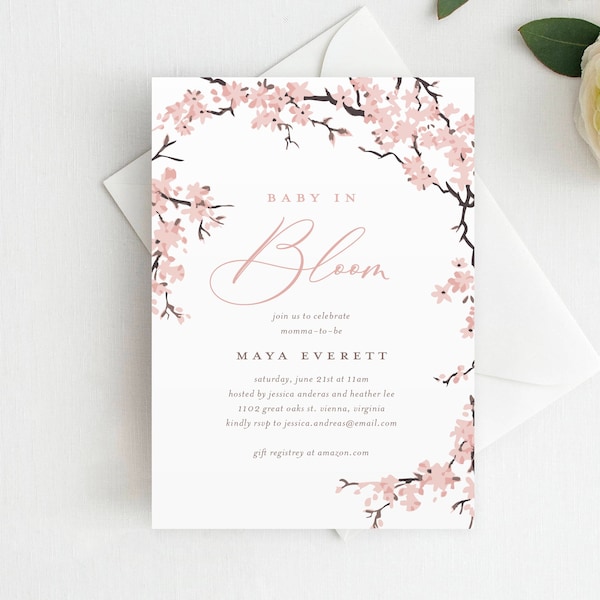 Printed Cherry Blossom Baby Shower Invitation, Baby in Bloom Invite, It's a Girl Baby Shower, Modern Floral Baby Shower Invitation, Printed