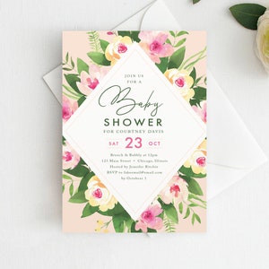 Floral Baby Shower Invitation Template, Floral Baby Shower Invite, Baby Girl Shower Invitation, It&#39;s a Girl Template, Instant Download, BAB1