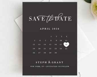 Calendar White ink Save the Date, Black Card, Black and White save the date, Printed Save the Date, Navy Save the Date, Minimalist Calendar