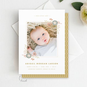 Printed Floral Photo Birth Announcement, New Baby Girl, Girl Birth Announcement, Flower Birth Announcement, Welcome Baby Girl, Boho