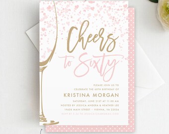 Printed Cheers to 60 Birthday Invitation, 60th Birthday Invite, Turning Sixty,  60th Invite, Bubbly 60th Birthday, Sixtieth Birthday Invite