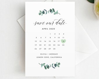 Printed Eucalyptus Calendar Save the Date Magnet, Save the Date, Postcard Save the Date, Wedding Save the Date, Greenery Save our Date