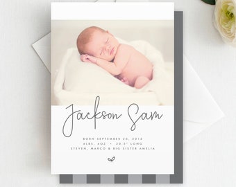 Penmanship Photo Birth Announcement, Minimal Birth Announcement, Boy Birth Announcement, Girl Birth Announcement, Handwritten