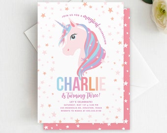 May include: A pink and white unicorn with a rainbow mane and horn on a white background with gold stars. The text "JOIN US FOR A magical CELEBRATION" is at the top of the card. The text "CHARLIE is Turning Three!" is below the unicorn. The text "LET'S CELEBRATE" is below that. The text "SATURDAY, MAY 1ST 2:00 PM" is below that. The text "324 MAGNOLIA RD, HOUSTON, TEXAS" is below that. The text "REGRETS TO MARIA AT 443.553-0120" is below that. The text "MALLORYHOPEDESIGN.COM" is at the bottom of the card.