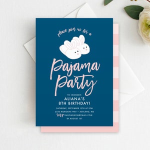 May include: A blue and pink invitation for a pajama party to celebrate Aliana's 8th birthday. The invitation features a pair of white bunny slippers with pink ears and eyes. The text on the invitation reads "Please join us for a Pajama Party to celebrate Aliana's 8th Birthday!" with the date, time, and location listed below.