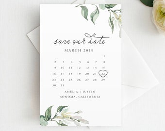 Printed Greenery Calendar Save the Date: Magnet or Postcard