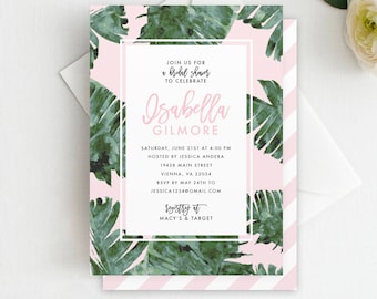 May include: A pink and white striped background with green tropical leaves. The text reads "Join us for a bridal shower to celebrate Isabella Gilmore. Saturday, June 21st at 4:00 PM. Hosted by Jessica Andera. 19438 Main Street, Vienna, VA 22034. RSVP by May 24th to Jessica1234@gmail.com. Registry at Macy's & Target."