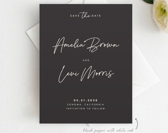 White ink Save the Date Black Card, Black and White save the date, Printed Save the Date, Navy Save the Date, Navy and White, Minimalist, P1