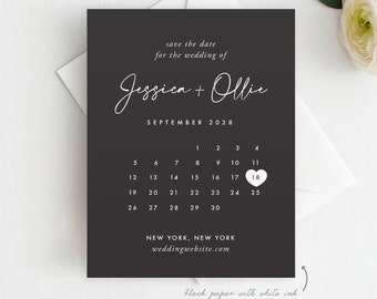 Calendar White ink Save the Date Black Card, Black and White save the date, Printed Save the Date, Navy Save the Date, Minimalist Calendar