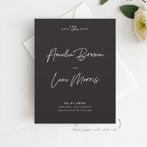 White ink Save the Date Black Card, Black and White save the date, Printed Save the Date, Navy Save the Date, Navy and White, Minimalist, P1