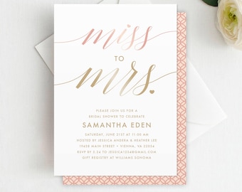 Printed Miss to Mrs Bridal Shower Invitation, Flowing Lettering, Shower Invitation, Faux Rose Gold, Faux Gold, Bridal Shower Invitation