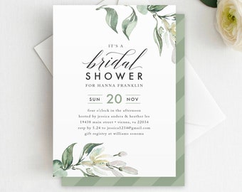 Printed Greenery Bridal Shower Invitation Shower Invitation, Watercolor Greenery Invite, Watercolor Shower, Tuscan Shower Invitation