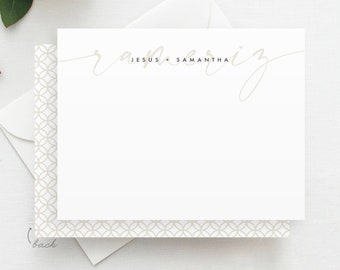 May include: A white card with a gray script font that says "ramirez" with the names "Jesus + Samantha" underneath. The card has a gray and white patterned border.